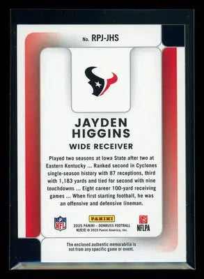 2025 Panini Donruss Football Rookie Phenom Jersey Jayden Higgins #RPJ-JHS Patch