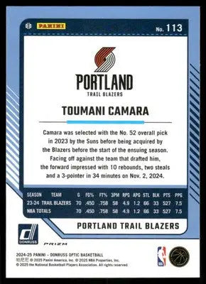 2025 Panini Donruss Optic Toumani Camara #113 Pink Basketball - Basketball Card Single