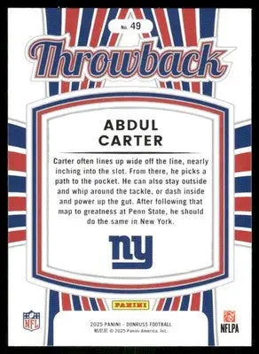 2025 Panini Donruss Throwback Rated Rookie Abdul Carter #49 Rated Rookie - Football Card Single