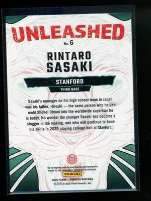 2025 Panini Donruss Unleashed Rintaro Sasaki #No. 6 Baseball