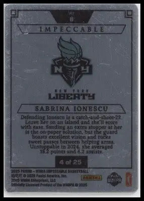 2025 Panini Impeccable Sabrina Ionescu #6 Stainless Stars Orange #/25 Liberty