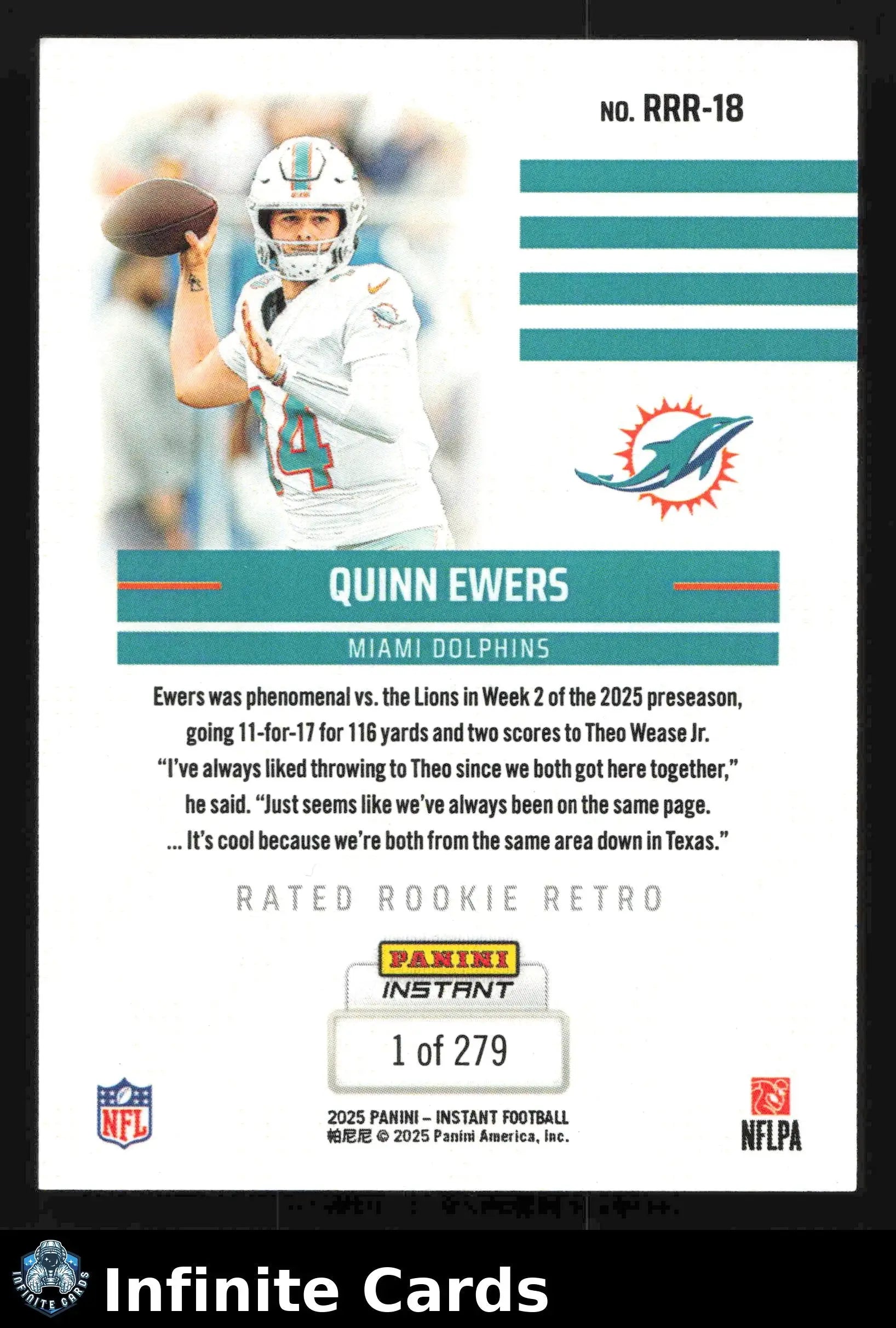 2025 Panini Instant Football QUINN EWERS #RRR-18 #/279 Miami Dolphins RC - Football Card Single