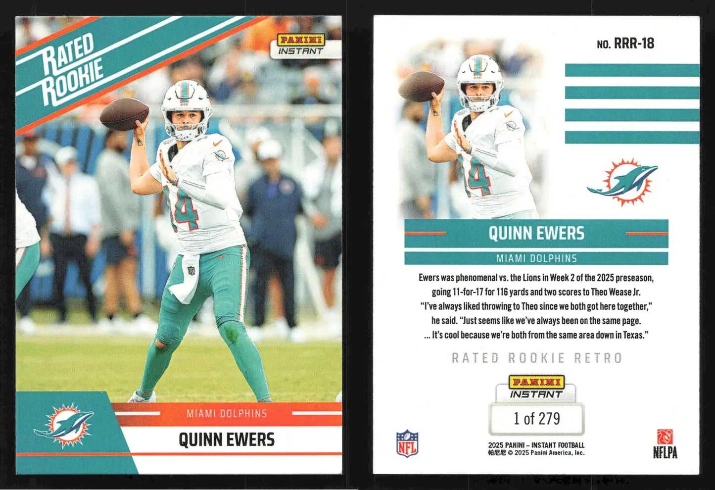 2025 Panini Instant Football QUINN EWERS #RRR-18 #/279 Miami Dolphins RC - Football Card Single