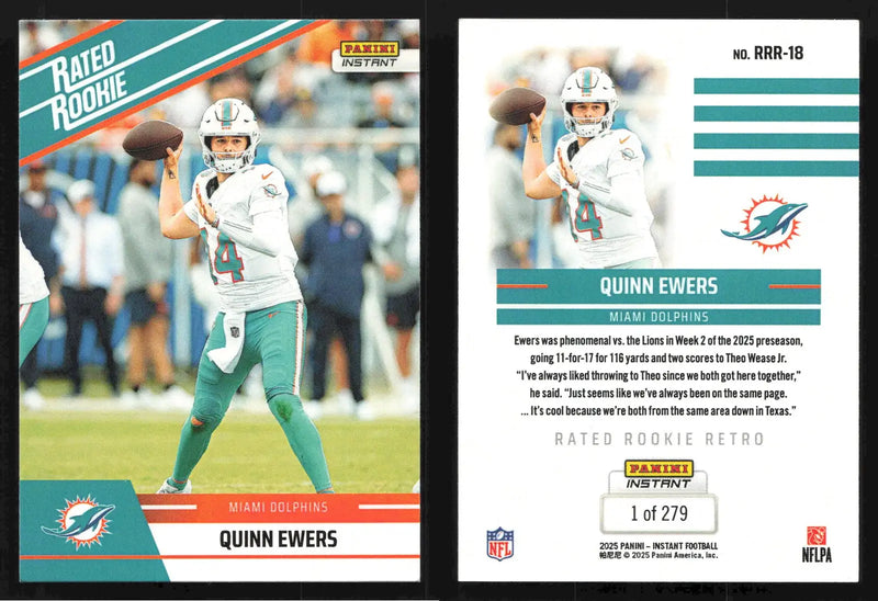 2025 Panini Instant Football QUINN EWERS #RRR-18 #/279 Miami Dolphins RC - Football Card Single