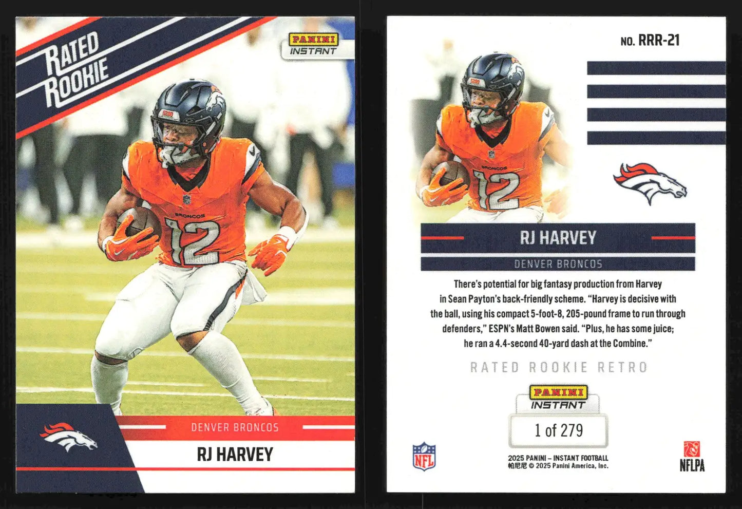 2025 Panini Instant Football RJ HARVEY #RRR-21 Rated Rookie Retro #/279 Broncos - Football Card Single