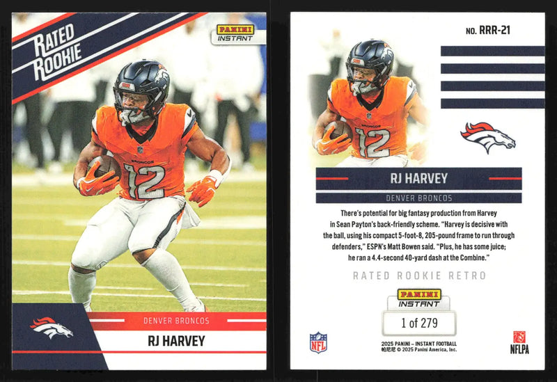 2025 Panini Instant Football RJ HARVEY #RRR-21 Rated Rookie Retro #/279 Broncos - Football Card Single