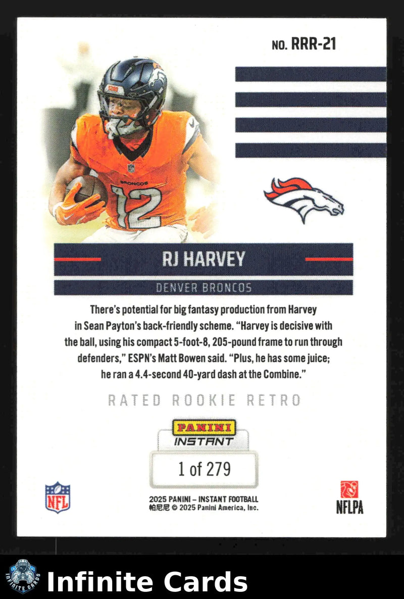 2025 Panini Instant Football RJ HARVEY #RRR-21 Rated Rookie Retro #/279 Broncos - Football Card Single