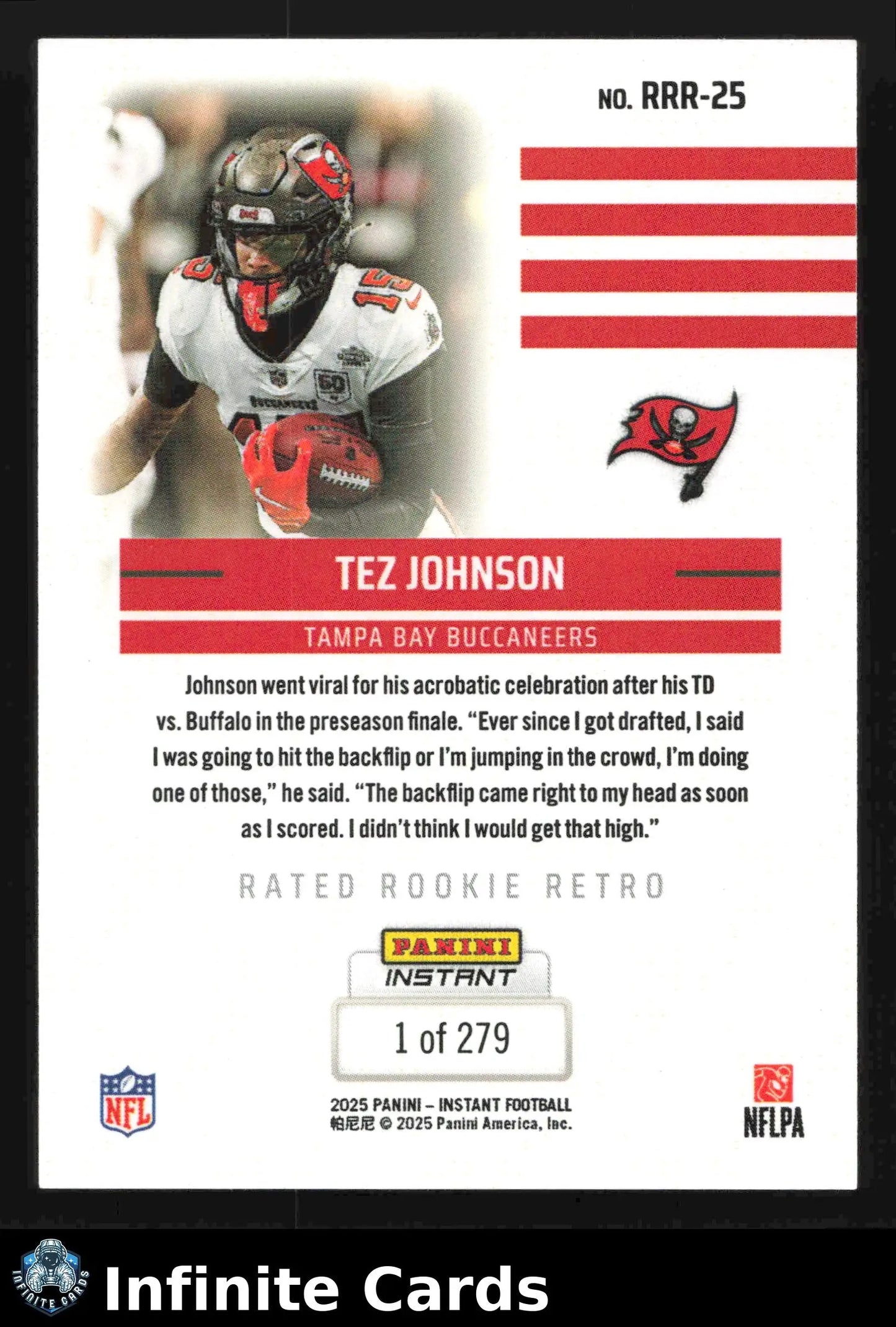 2025 Panini Instant Football TEZ JOHNSON #RRR-25 Rated Rookie Retro #/279 - Football Card Single
