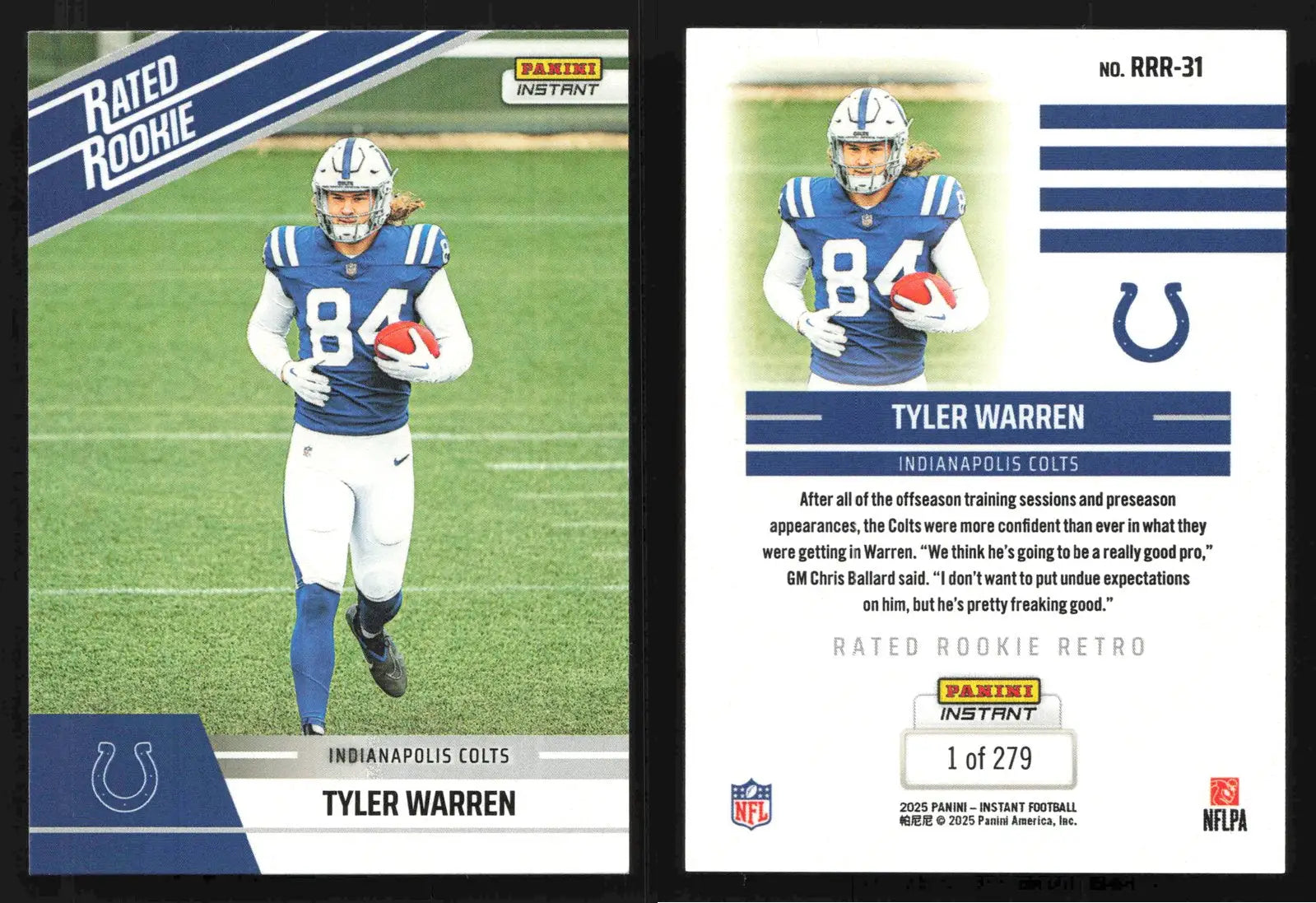 2025 Panini Instant Football TYLER WARREN #RRR-31 #/279 Indianapolis Colts RC - Football Card Single