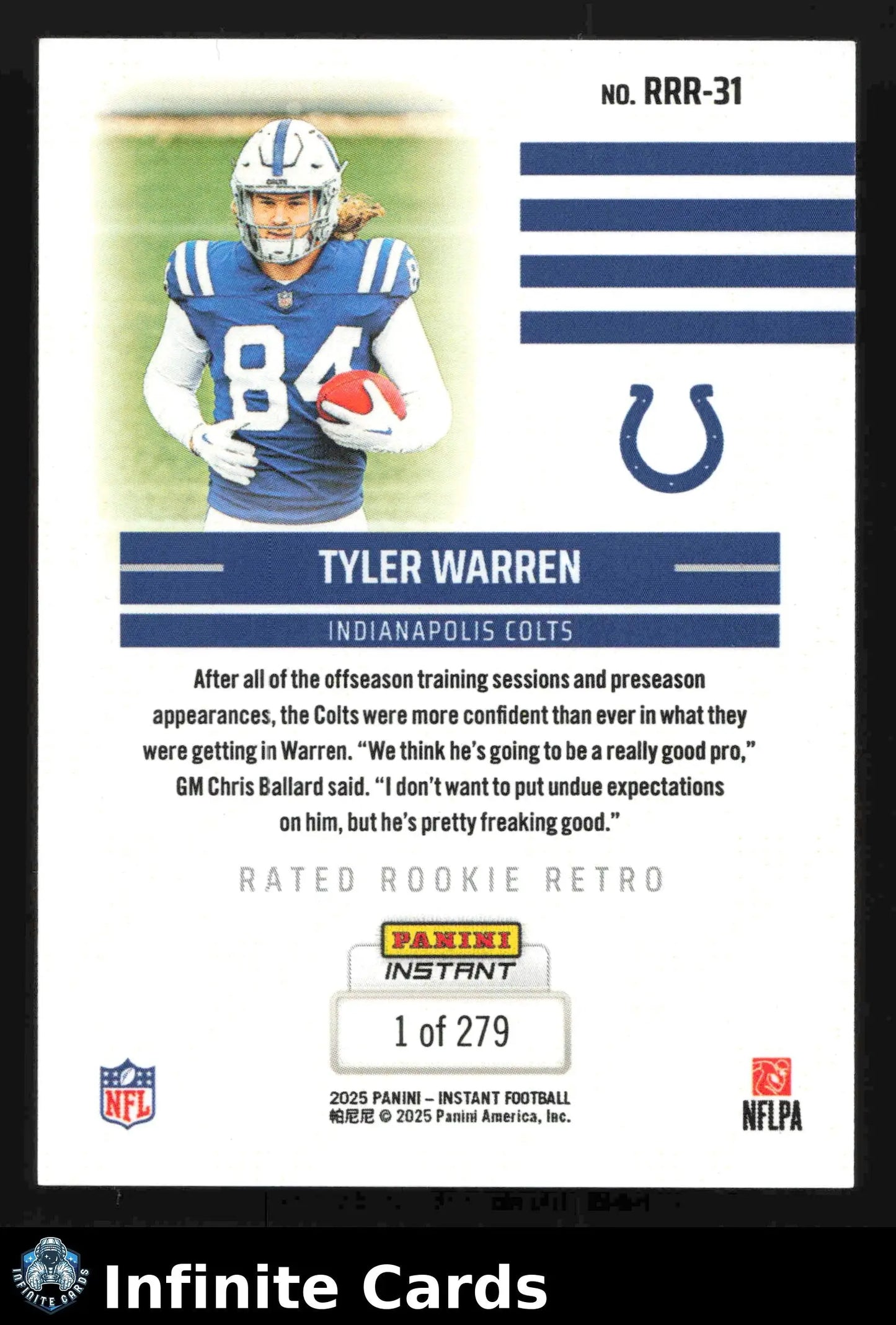 2025 Panini Instant Football TYLER WARREN #RRR-31 #/279 Indianapolis Colts RC - Football Card Single