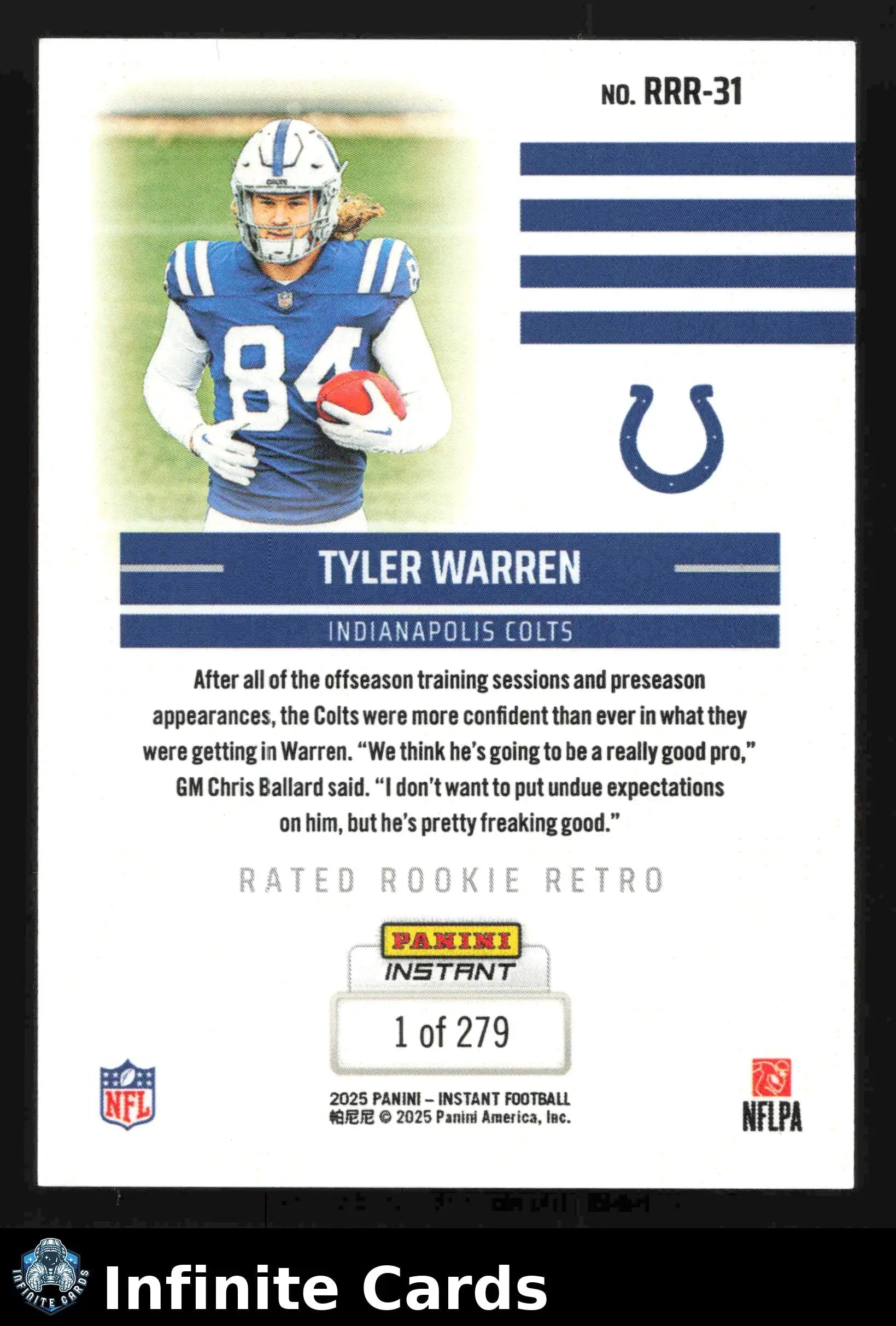 2025 Panini Instant Football TYLER WARREN #RRR-31 #/279 Indianapolis Colts RC - Football Card Single