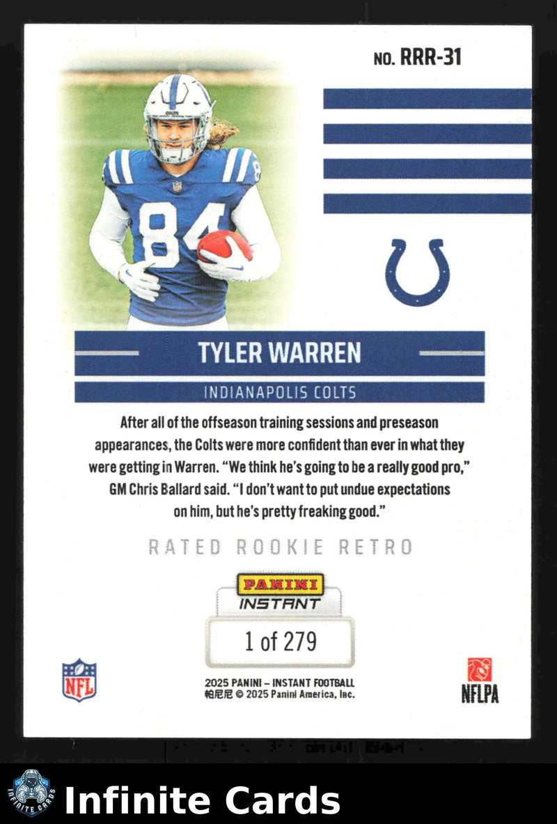 2025 Panini Instant Football TYLER WARREN #RRR-31 #/279 Indianapolis Colts RC - Football Card Single