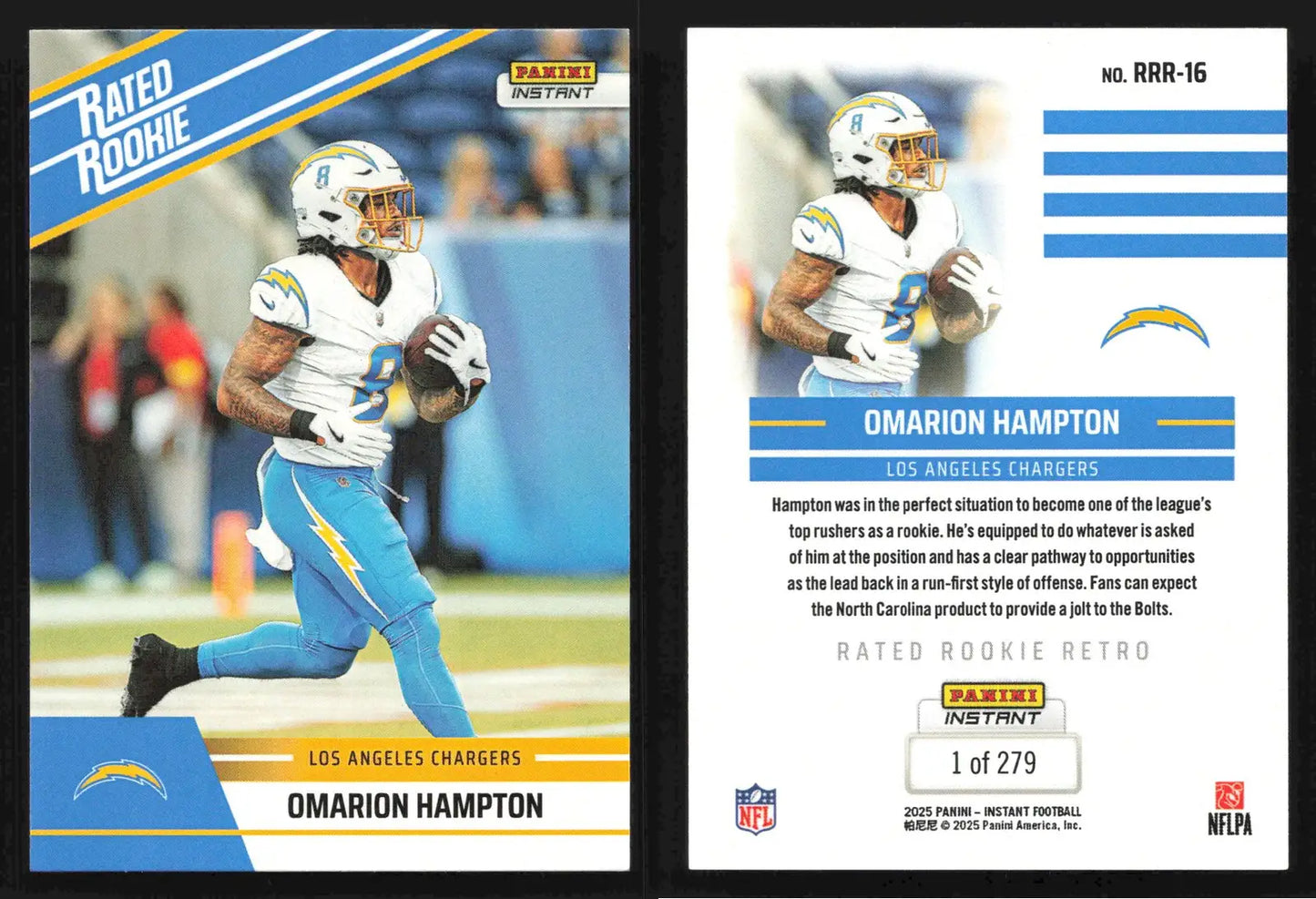 2025 Panini Instant OMARION HAMPTON #RRR-16 Rated Rookie Retro #/279 Chargers RC - Football Card Single