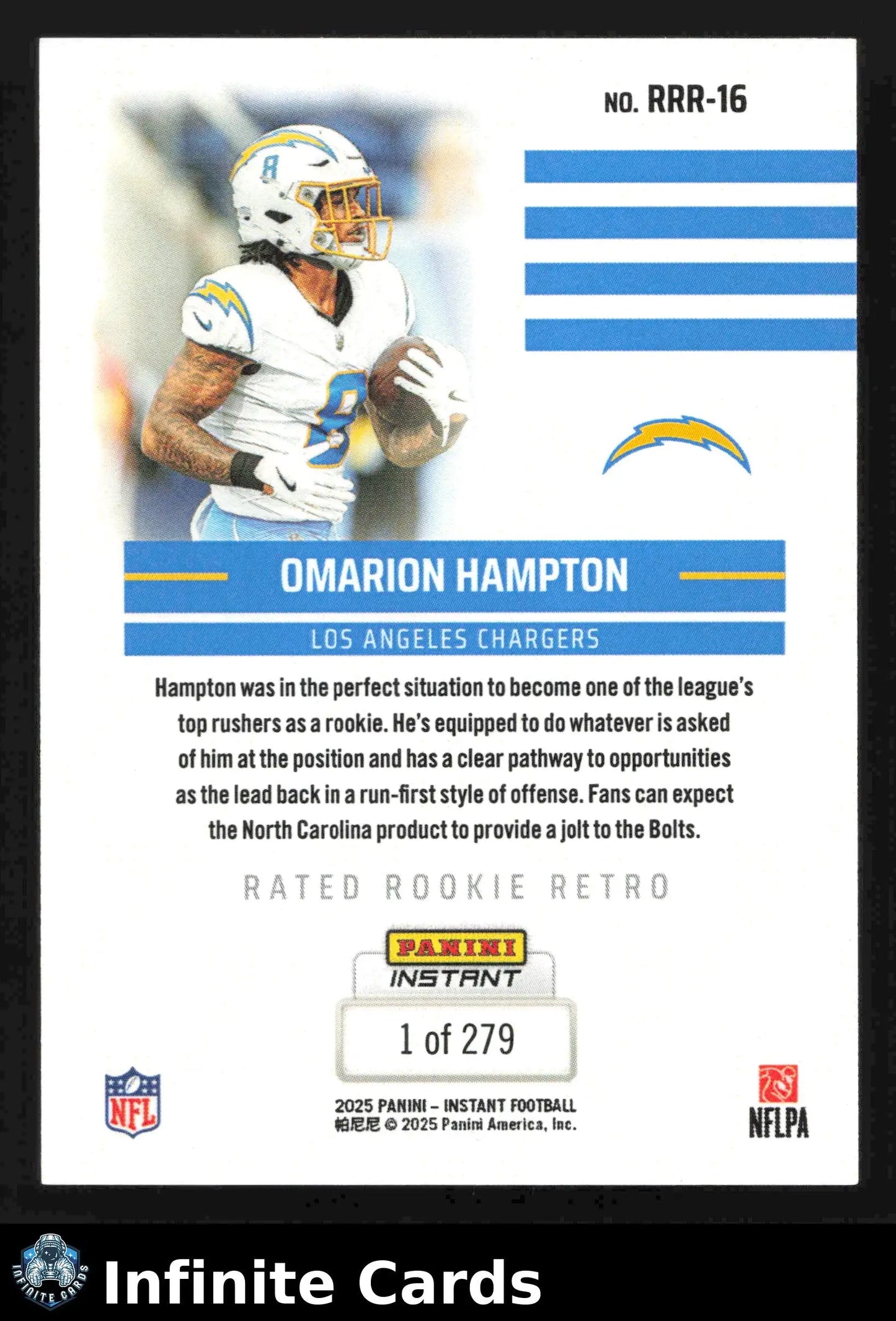 2025 Panini Instant OMARION HAMPTON #RRR-16 Rated Rookie Retro #/279 Chargers RC - Football Card Single
