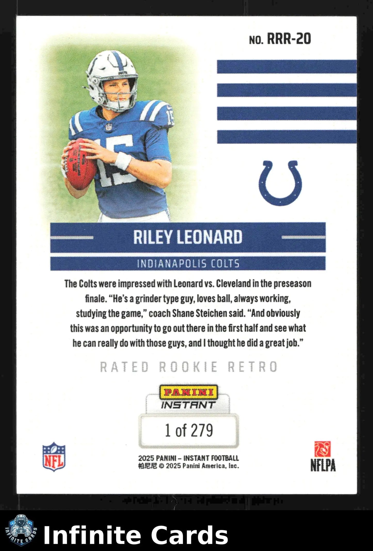 2025 Panini Instant RILEY LEONARD #RRR-20 #/279 Indianapolis Colts RC - Football Card Single