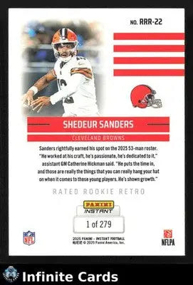 2025 Panini Instant SHEDEUR SANDERS #RRR-22 Rated Rookie Retro #/279 Browns - Football Card Single