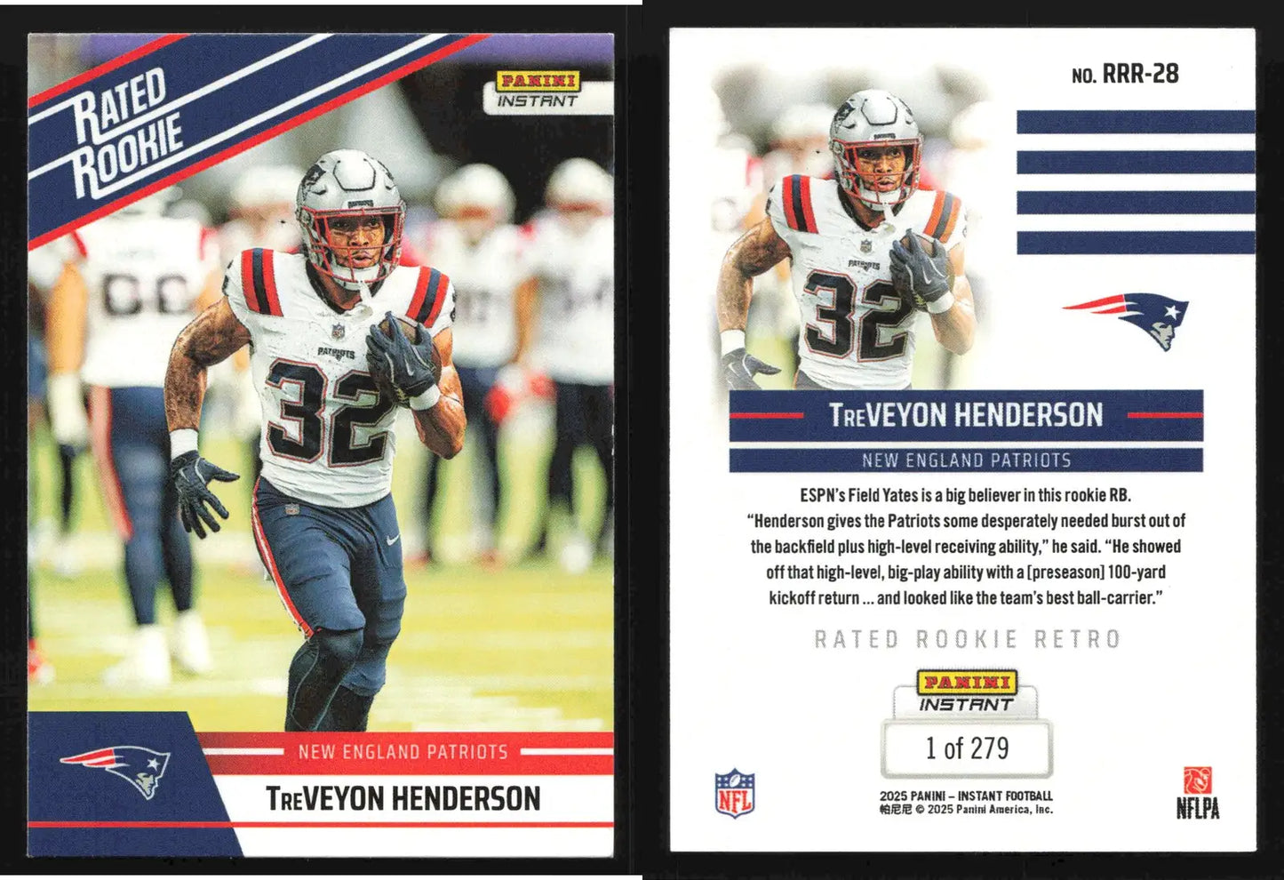 2025 Panini Instant TREVEYON HENDERSON #RRR-28 Rated Rookie Retro #/279 Patriots - Football Card Single