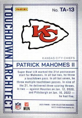 2025 Panini Mahomes Icon Collection - Touchdown Architect Patrick Mahomes #TA-13 - Football Card Single