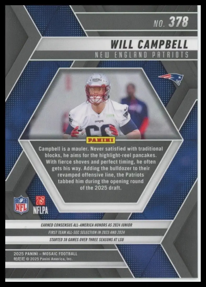 2025 Panini Mosaic - Rookies Will Campbell #378 (RC) - Football Card Single