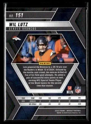 2025 Panini Mosaic Wil Lutz #151 Denver Broncos - Football Card Single