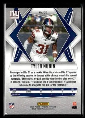 2025 Panini Phoenix Tyler Nubin #63 New York Giants - Football Card Single