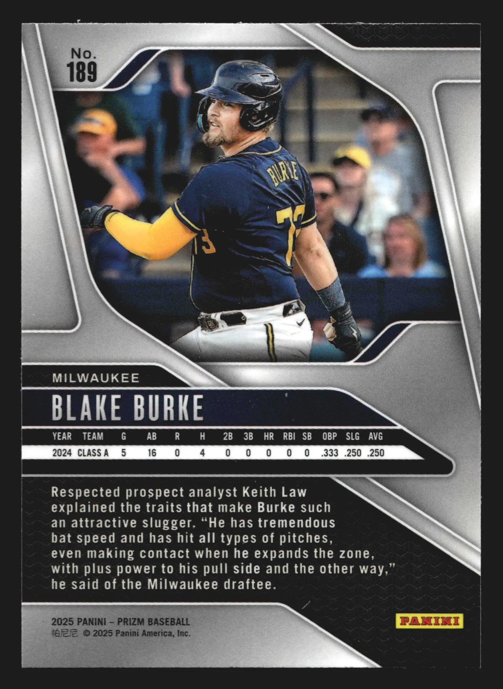 2025 Panini Prizm #189 Blake Burke Milwaukee Brewers Prospect - Baseball Card Single