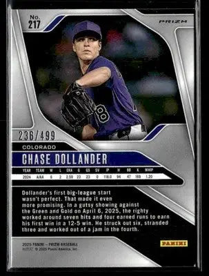 2025 Panini Prizm #217 Chase Dollander Pulsar Prizm #/499 - Baseball Card Single
