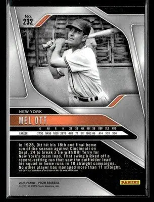2025 Panini Prizm #232 Mel Ott - Baseball Card Single