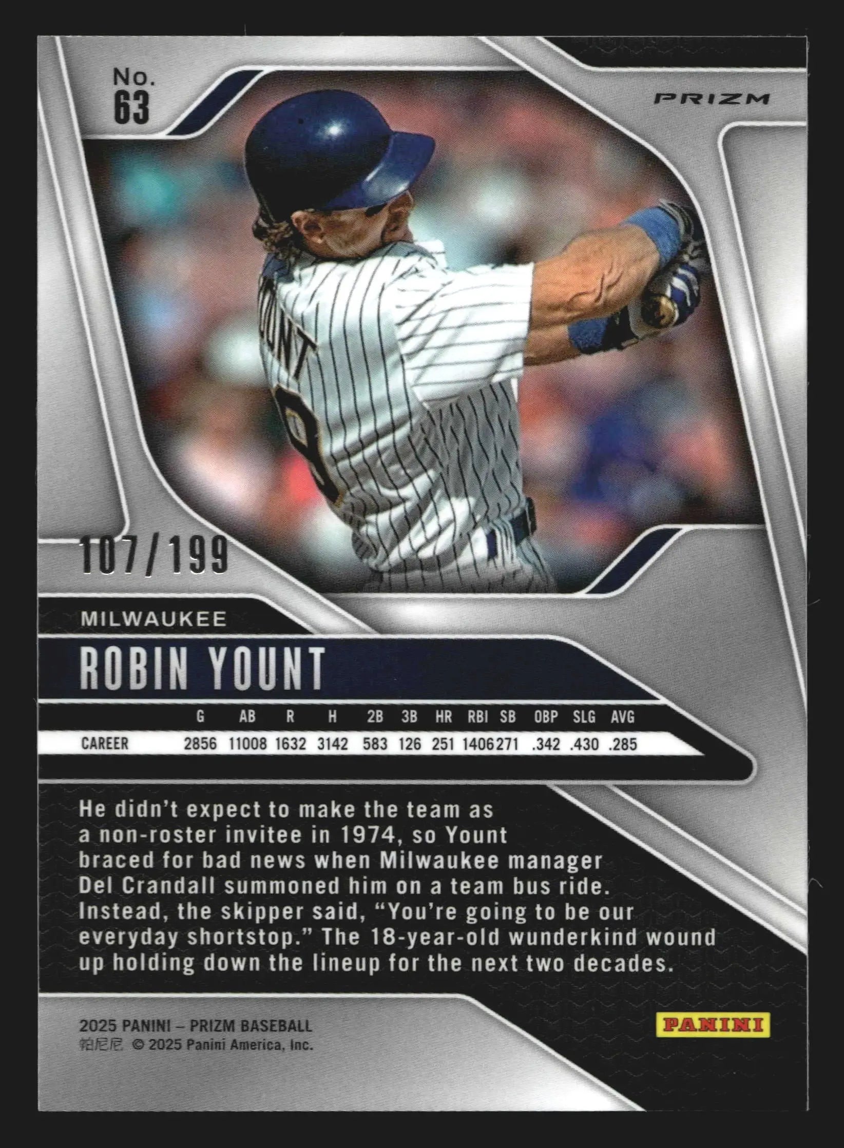 2025 Panini Prizm #63 Robin Yount Blue Prizm /199 Brewers HOF - Baseball Card Single