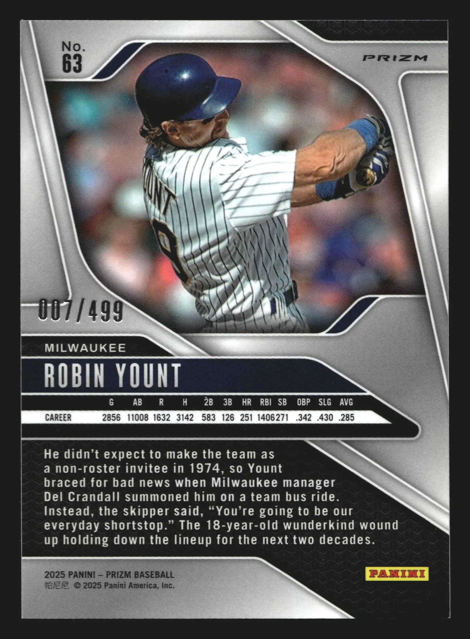 2025 Panini Prizm #63 Robin Yount Pulsar Prizm /499 Brewers HOF - Baseball Card Single