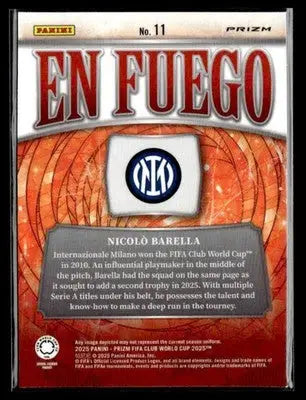 2025 Panini Prizm FIFA Club World Cup #11 Nicolo Barella En Fuego Silver - Soccer Card Single