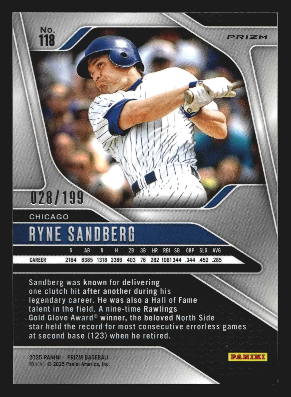 2025 Panini Prizm Ryne Sandberg #118 Blue Prizm /199 Cubs HOF - Baseball Card Single