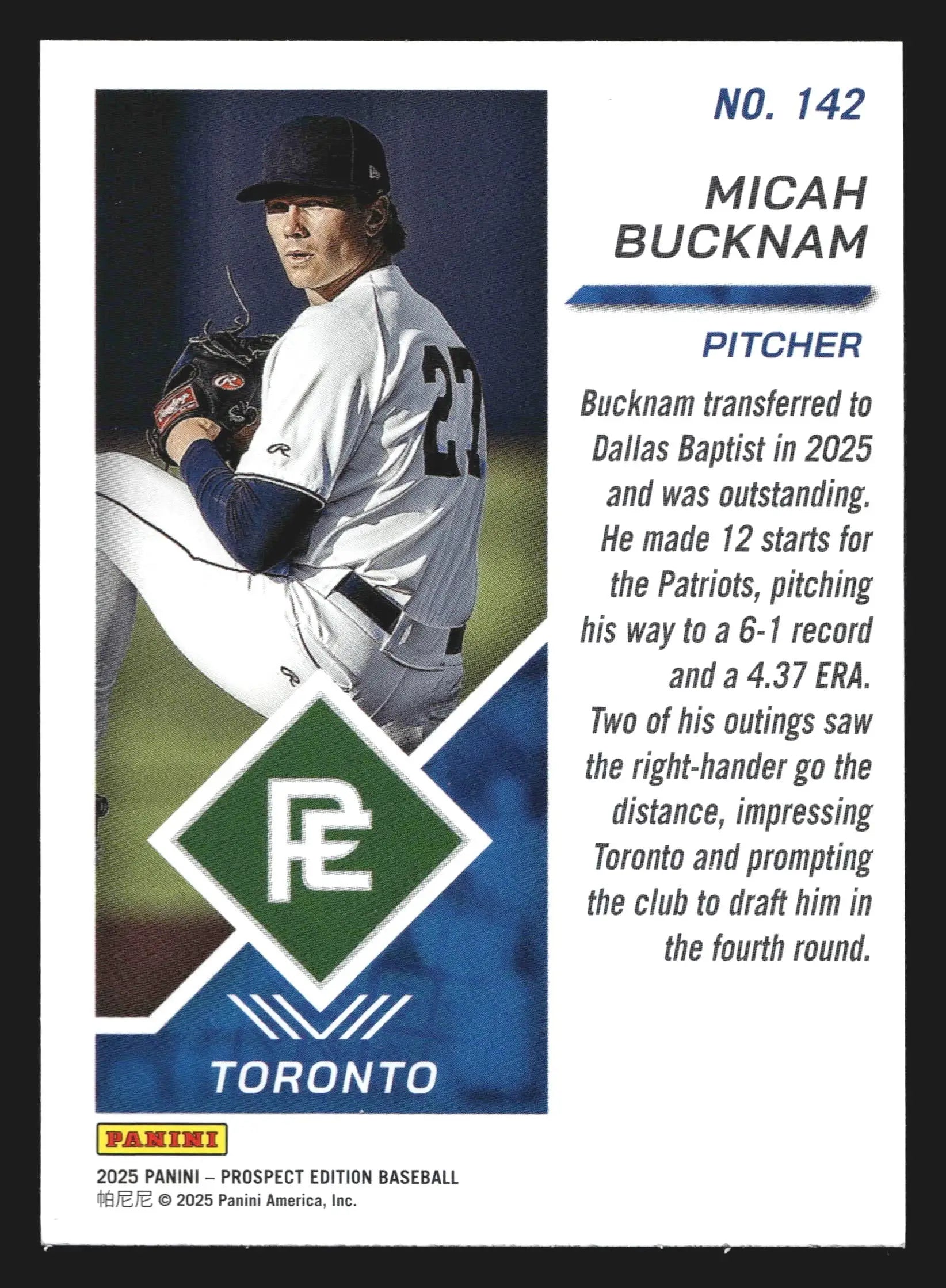 2025 Panini Prospect Edition #142 Micah Bucknam Toronto Blue Jays