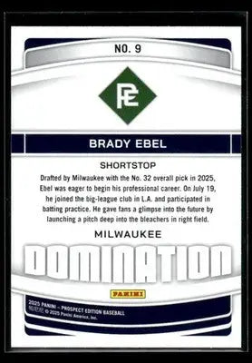 2025 Panini Prospect Edition Brady Ebel #9 Domination Milwaukee Brewers - Baseball Card Single