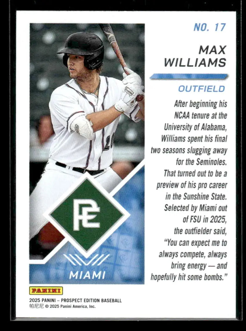 2025 Panini Prospect Edition Max Williams #17 Miami Marlins - Baseball Card Single
