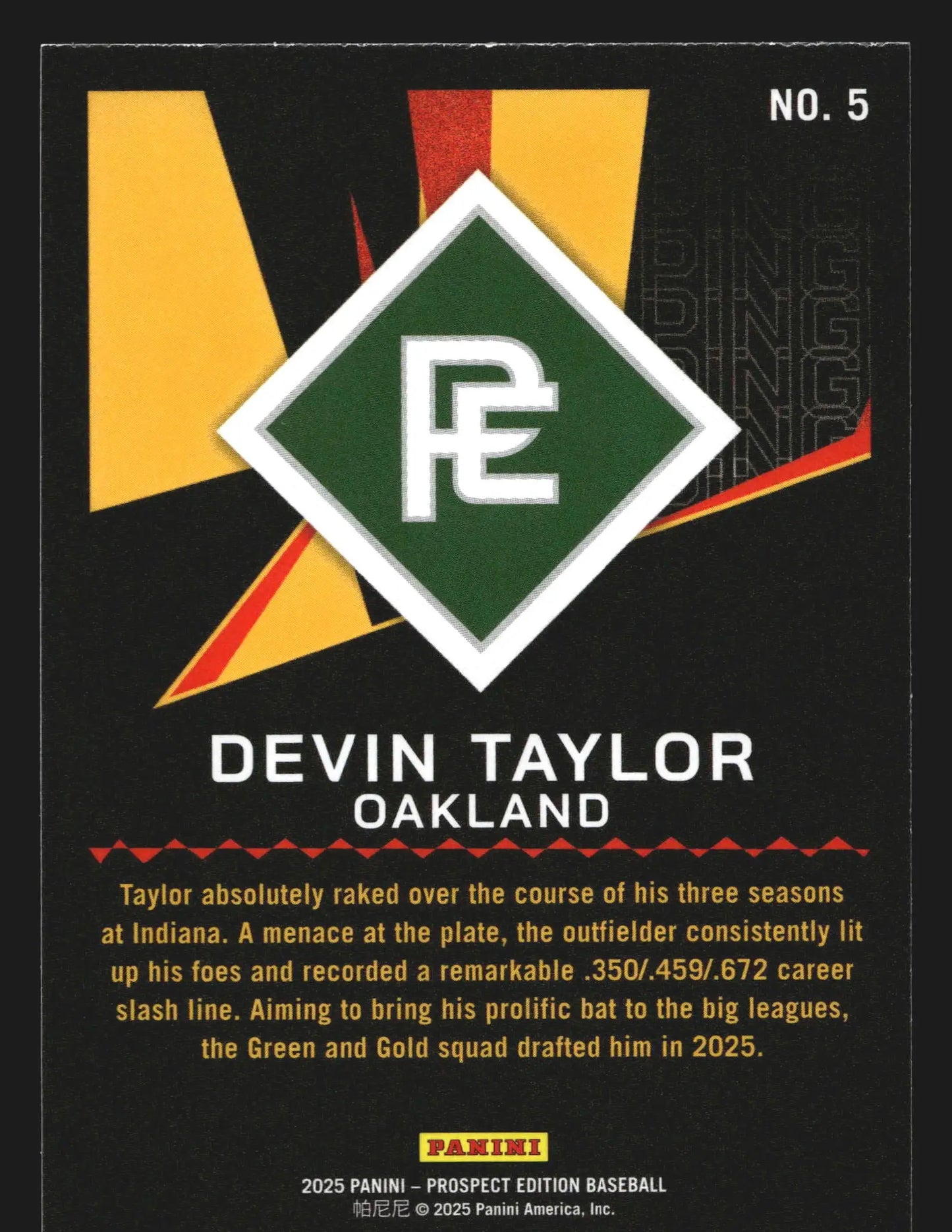 2025 Panini Prospect Edition PING! #5 Devin Taylor Oakland - Baseball Card Single