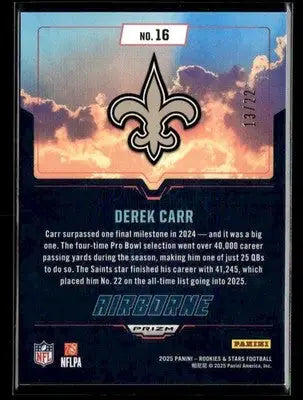 2025 Panini Rookies & Stars Derek Carr #16 Airborne Silver Ice FOTL #/22 Saints - Football Card Single