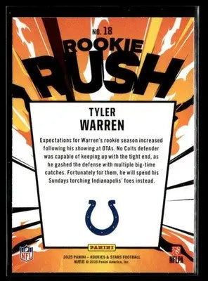 2025 Panini Rookies & Stars Tyler Warren #18 Rookie Rush RC Indianapolis Colts - Football Card Single
