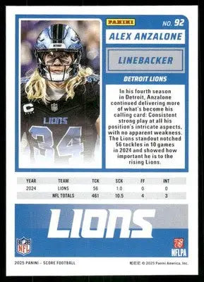 2025 Panini Score Alex Anzalone #92 Football - Football Card Single