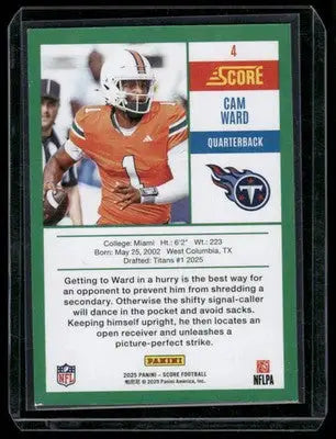 2025 Panini Score Football Cam Ward #4 Football - Football Card Single