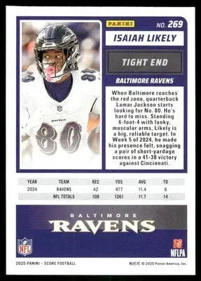 2025 Panini Score Isaiah Likely #269 Football - Football Card Single