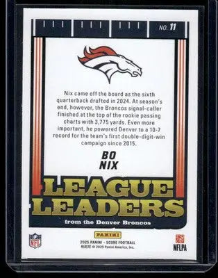 2025 Panini Score League Leaders Bo Nix #11 Football - Football Card Single