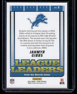 2025 Panini Score League Leaders Jahmyr Gibbs #5 Football - Football Card Single