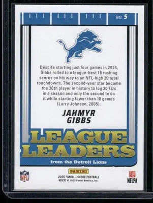 2025 Panini Score League Leaders Jahmyr Gibbs #5 Football - Football Card Single