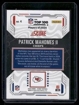 2025 Panini Score Patrick Mahomes II #NO. 4 Top 100 Football