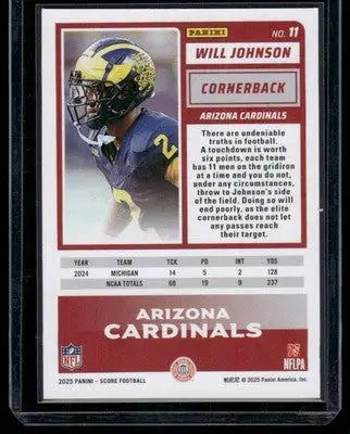 2025 Panini Score Rookie Will Johnson #11 RC Football - Football Card Single