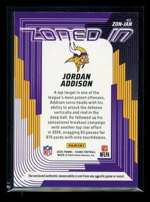 2025 Panini Score Zoned In Jordan Addison #ZON-JAN Memorabilia Football