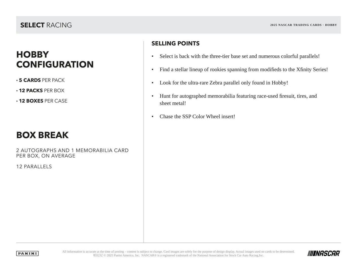 2025 Panini Select NASCAR Racing Hobby Box | Columbia Sports Cards - Sports Card Hobby Boxes