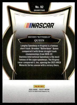 2025 Panini Select Racing Brenden ’Butterbean’ Queen #92 RC Racing - Racing Card Single