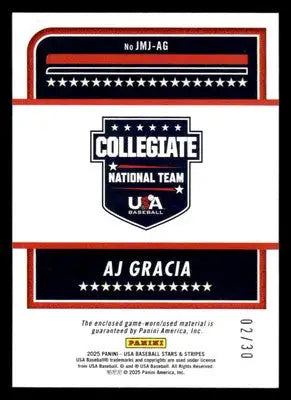 2025 Panini Stars and Stripes #JMJ-AG AJ Gracia Jumbo Material Jerseys - #/30 - Baseball Card Single